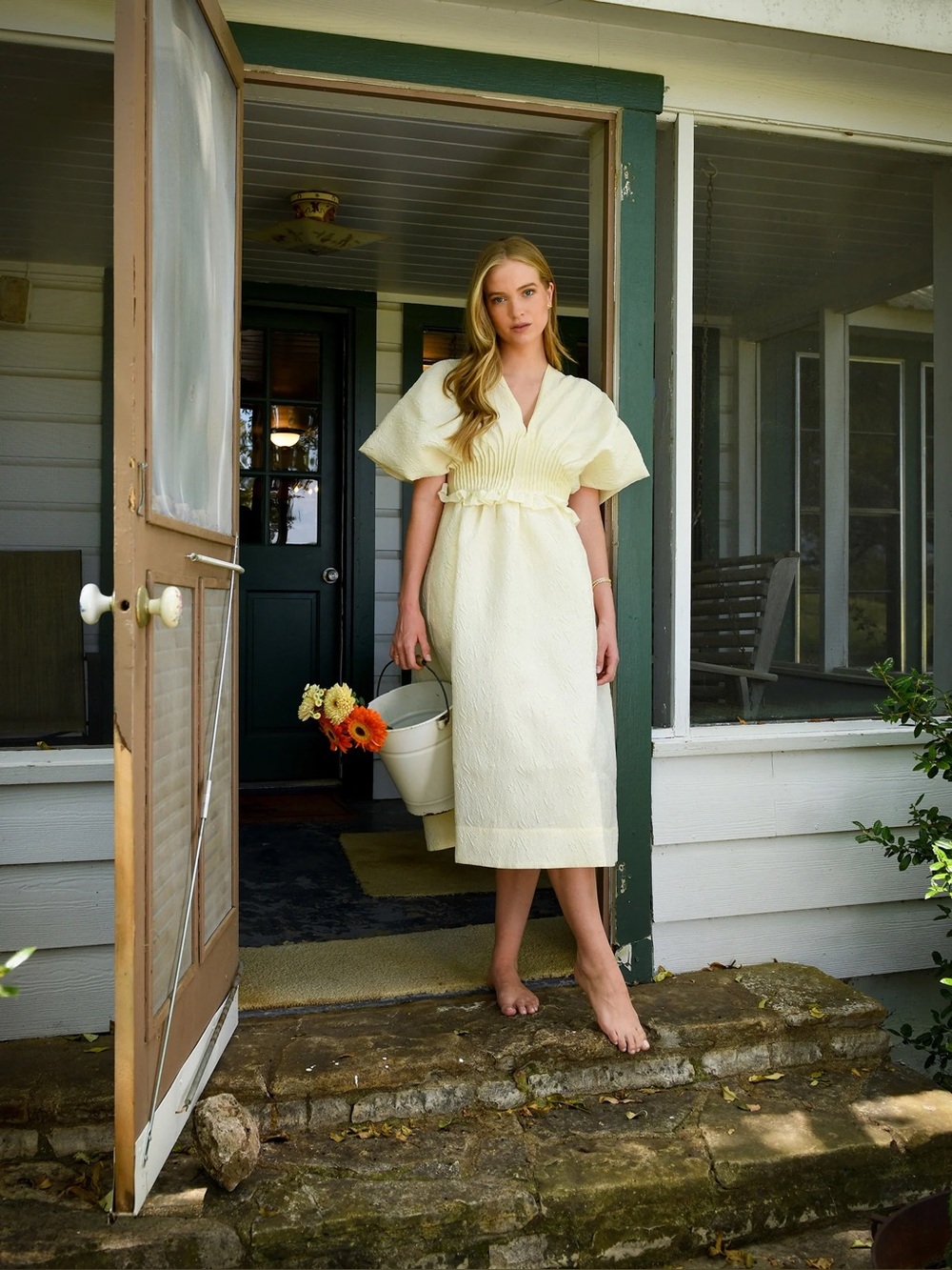Sea New York Cream Textured V‑Neck Maxi Dress